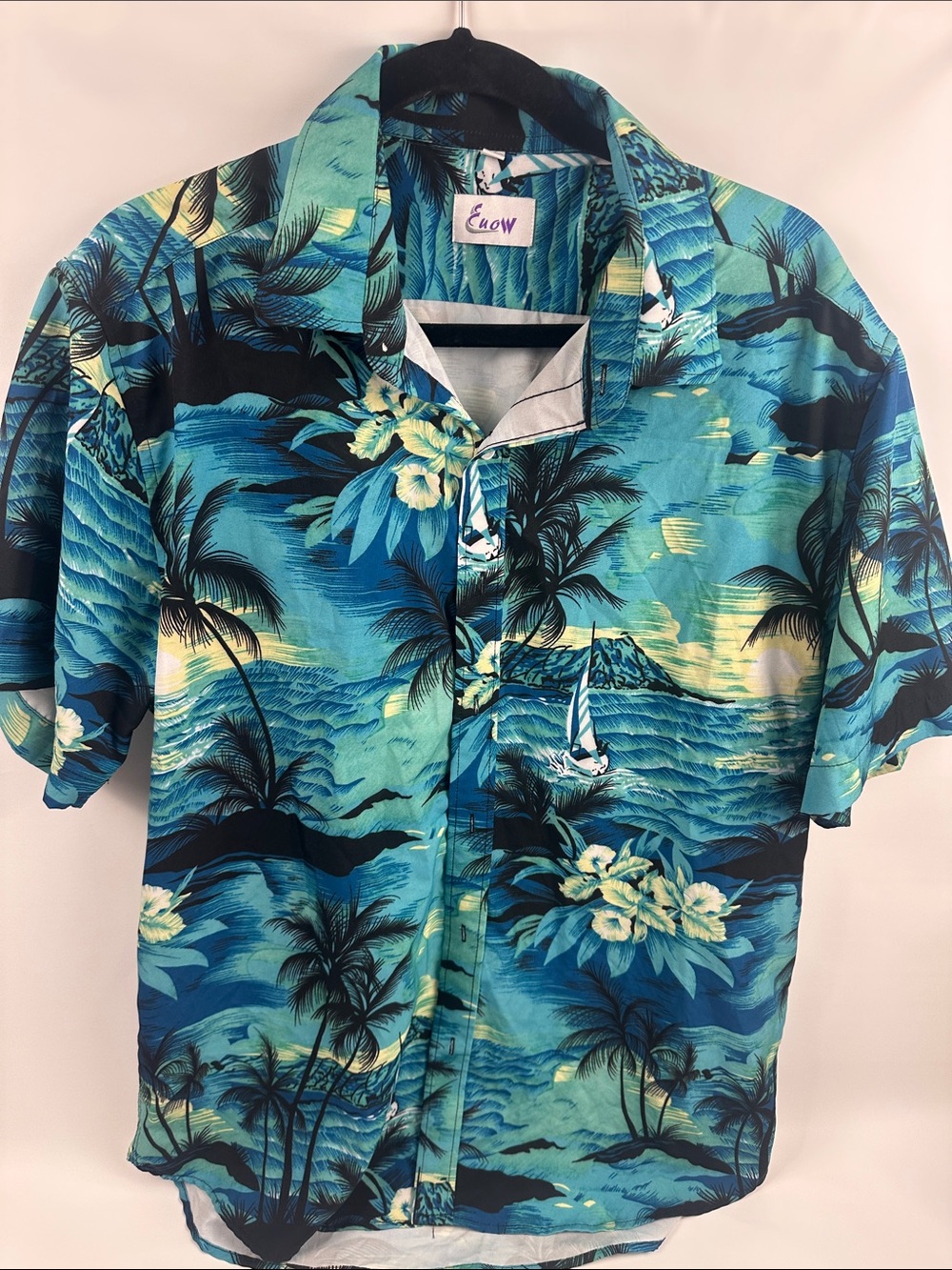 Euow Men's Teal Tropical Hawaiian Shirt Short Sleeve